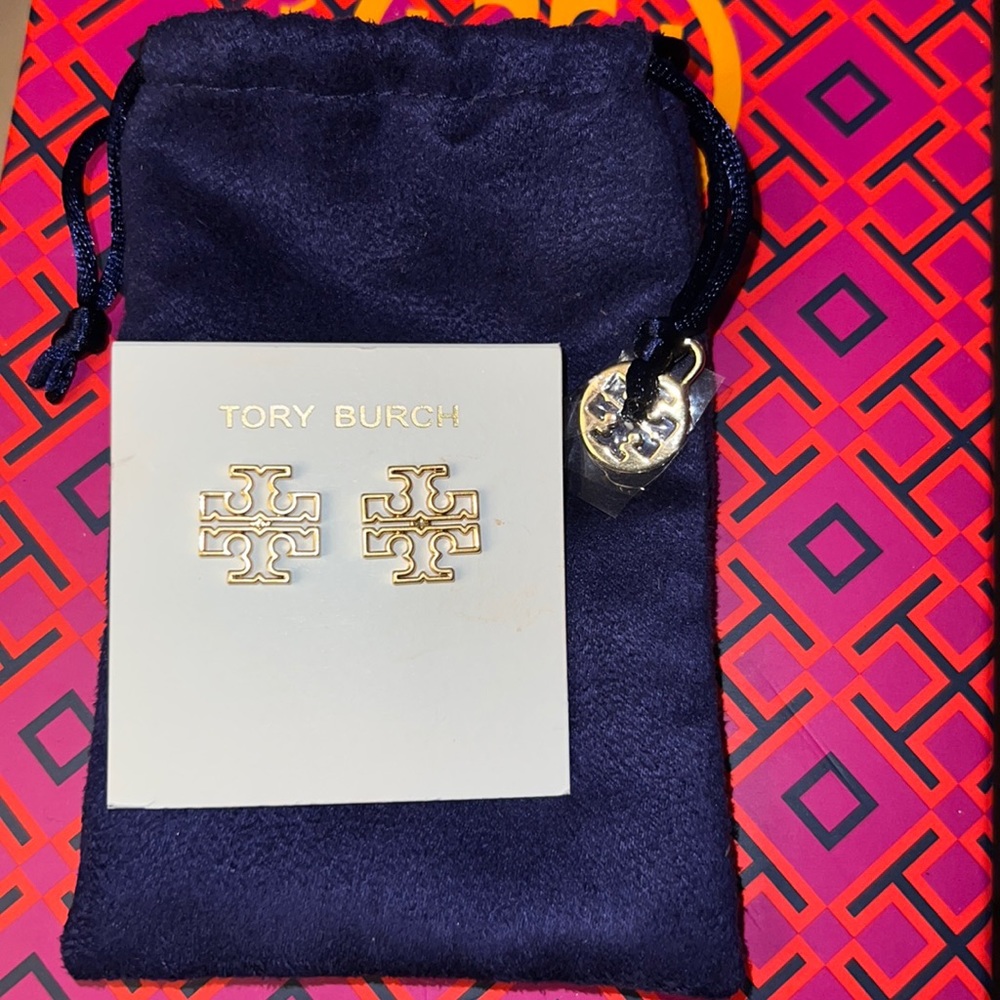 Tory Burch Gold Britten Cut Out Logo Earrings With Jewelry Dust Bag